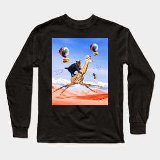 Cat Giraffe - Cat Riding Flying Giraffe with Burger Long Sleeve T-Shirt